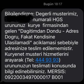 HGS Etiketinin Teslimatında Kuryenet Sorunu