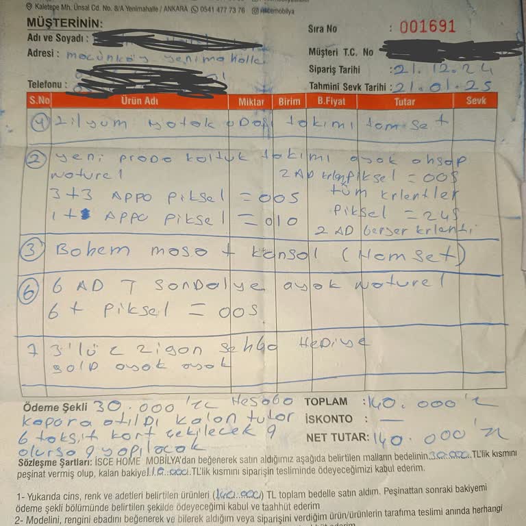 Teslim Edilmeyen Mobilyalar Ve Eksik Parçalar