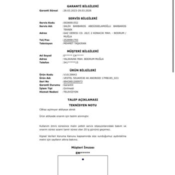 Vestel TV Teknik Servis Mağduriyeti Ve Hatalı Ücret Talebi