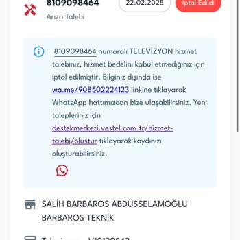 Vestel TV Teknik Servis Mağduriyeti Ve Hatalı Ücret Talebi