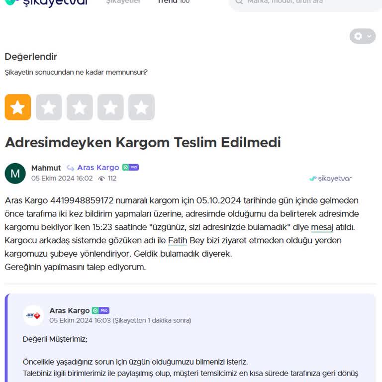 Aras Kargo Teslimat Sorunu: Adrese Gelmeden 'Geldik Bulamadık' Bildirimi