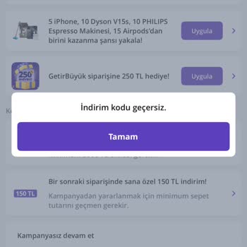 Getir Kampanya Kodları Kullanılamıyor