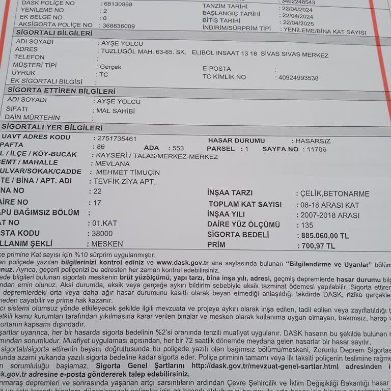 DASK Bilgilerinde Düzeltilemeyen Hata