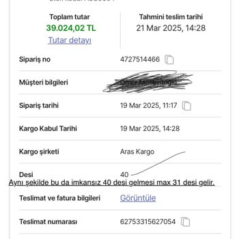 Aras Sardunya Şubesi'nde Sürekli Yanlış Kargo Desi Hesabı