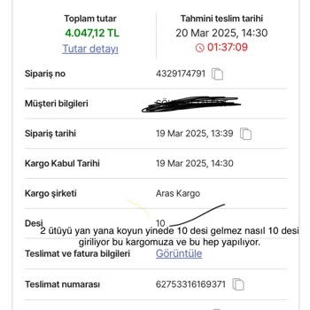 Aras Sardunya Şubesi'nde Sürekli Yanlış Kargo Desi Hesabı