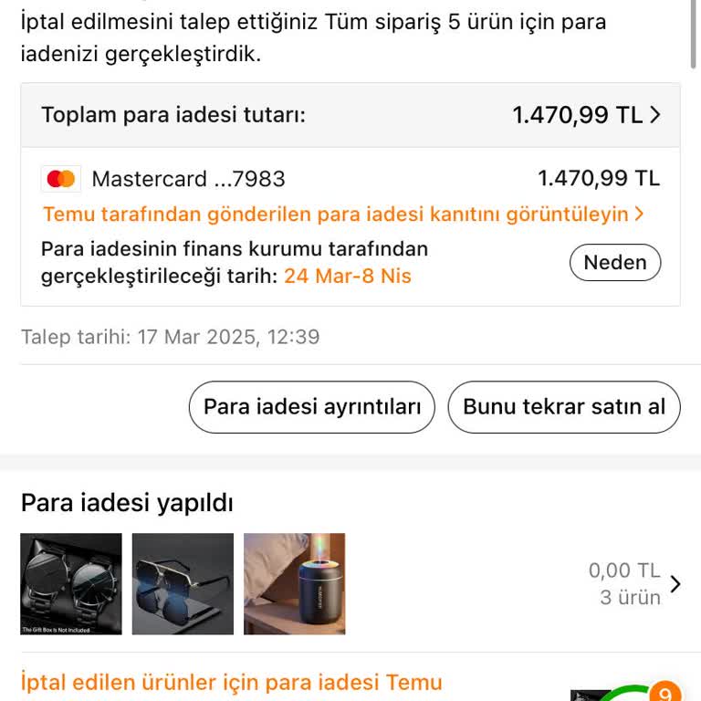 Temu'dan İptal Edilen Siparişin İadesi Yapılmadı