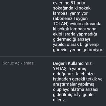 Sokak Aydınlatma Arızası İçin Yetersiz Hizmet