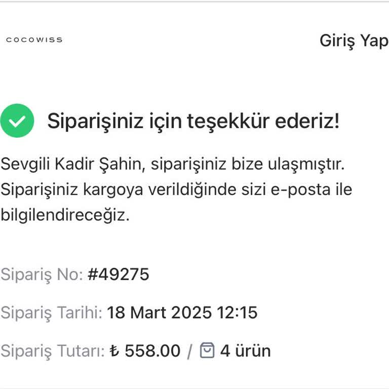Cocowiss'ten Sipariş Verdim, Kargom Nerede?