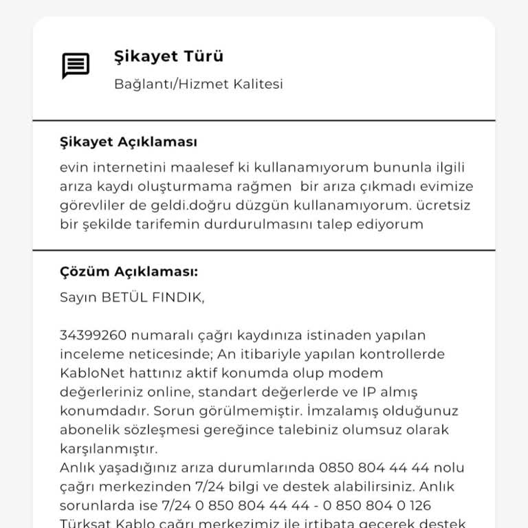 Kablo Net Bağlantı Sorunları Ve İptal Talebi