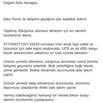 Zara Home'da Eksik Ürün Ve Yanıltıcı Müşteri Hizmetleri Deneyimi