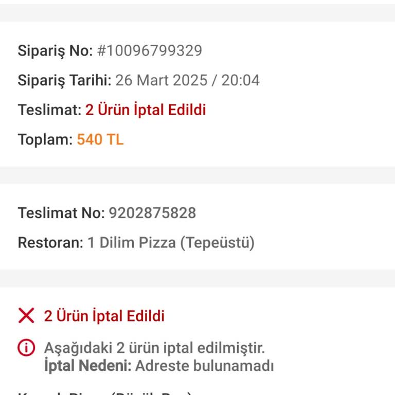 1 Dilim Pizza Sipariş Verdiğim Pizza Elime Ulaşmadı