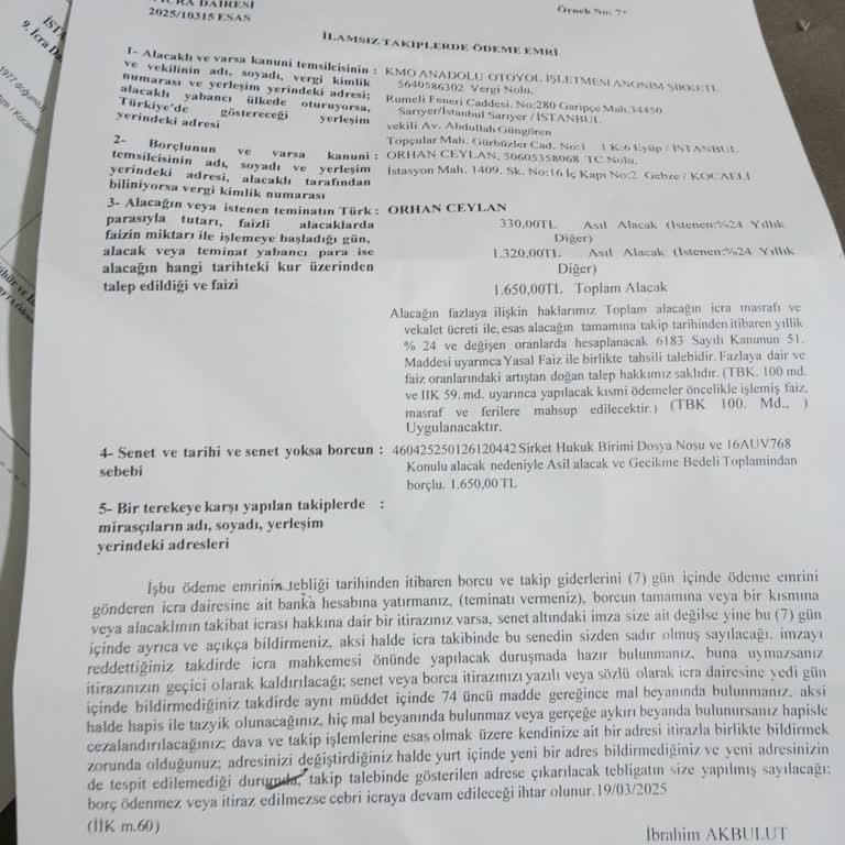 Otoyol Geçiş Ücreti Ödeme Sorunu Ve İcra Takibi