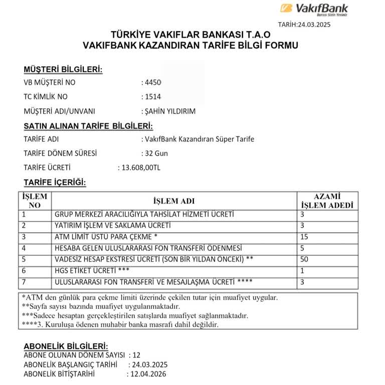 VakıfBank'tan Zorunlu Olmayan Ücretler Ve Sigortalar