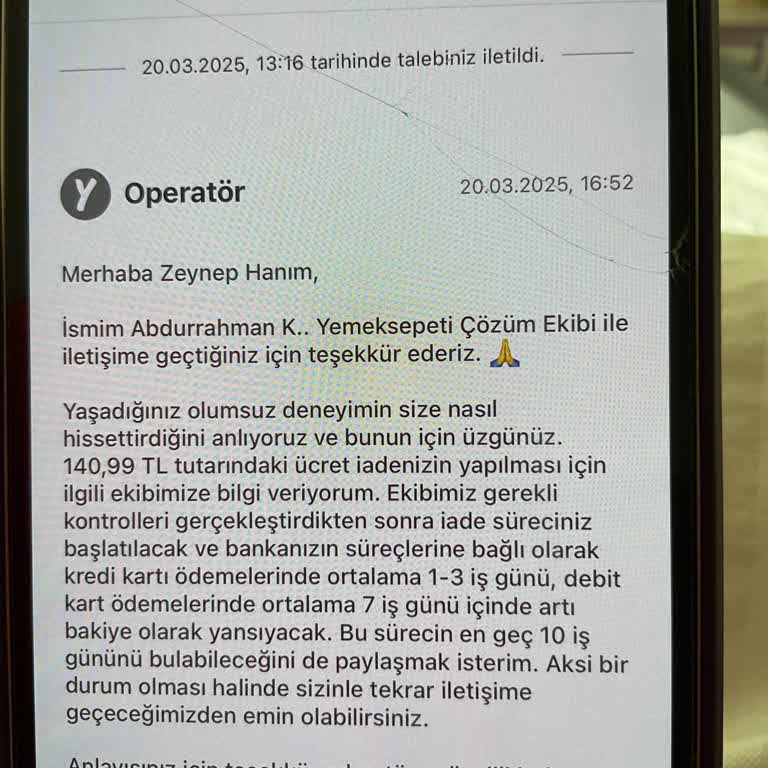 Yemek Sepeti İade Sürecinde Yaşanan Gecikme