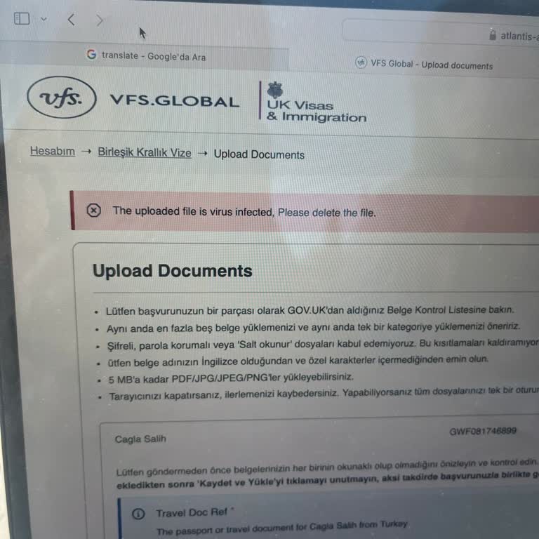 VFS Global Web Sitesi Üzerinden Evrak Yükleme Sorunu
