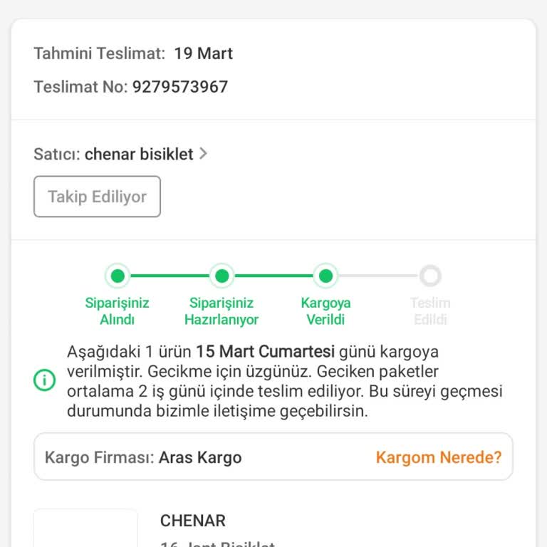 Chenar Bisiklet Ve Aras Kargo Şikayeti