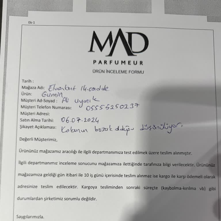 Mad Parfüm'den Aldığım Parfümün Kalitesi Düşük Ve İade Süreci Sorunlu
