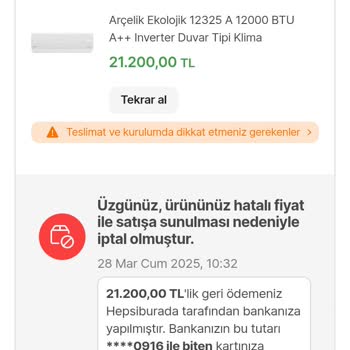 Hatalı Fiyat Gerekçesiyle İptal Edilen Sipariş