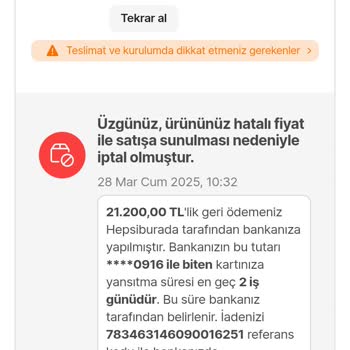Hatalı Fiyat Gerekçesiyle İptal Edilen Sipariş