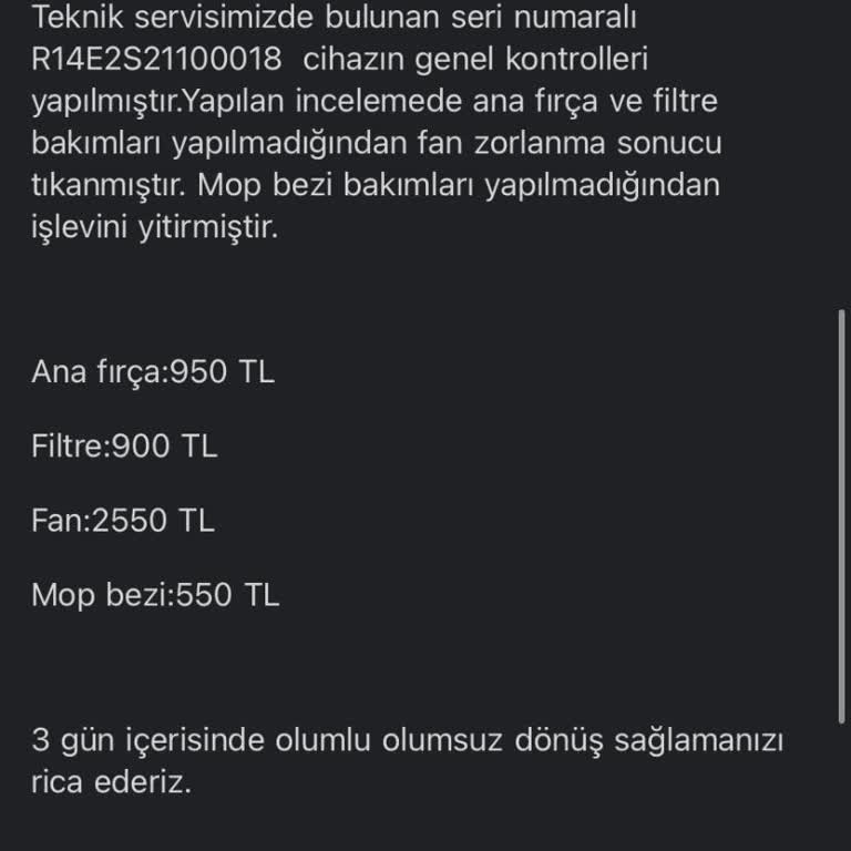 Roborock S7: Garanti Kapsamında Olmayan Yüksek Tamir Ücretleri