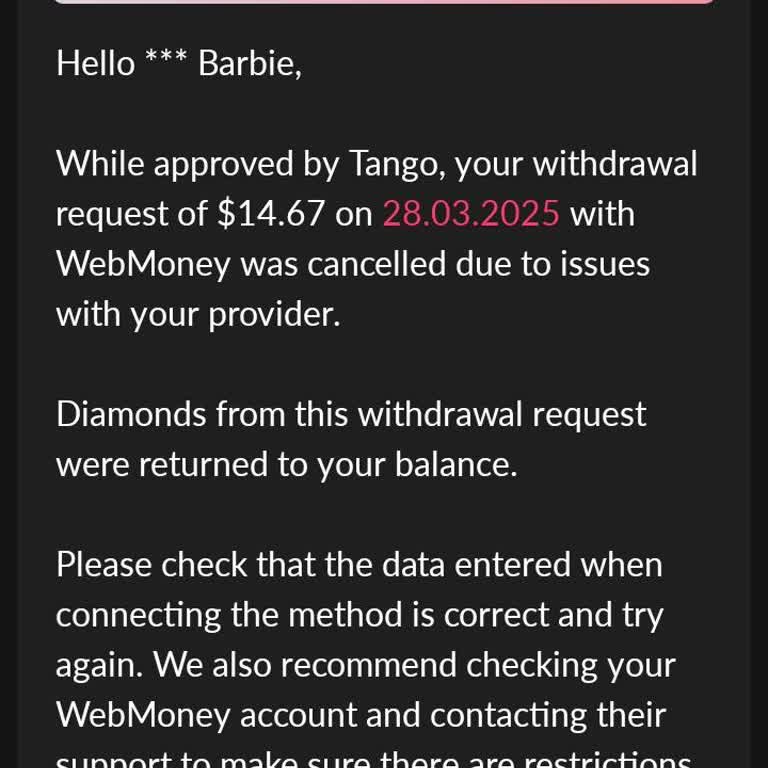 Tango Rejected My Redeem Request via WebMoney - I Need Help Fixing It