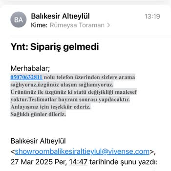 Vivense'den Zamanında Teslim Edilmeyen Sipariş Ve Yetersiz Bilgilendirme