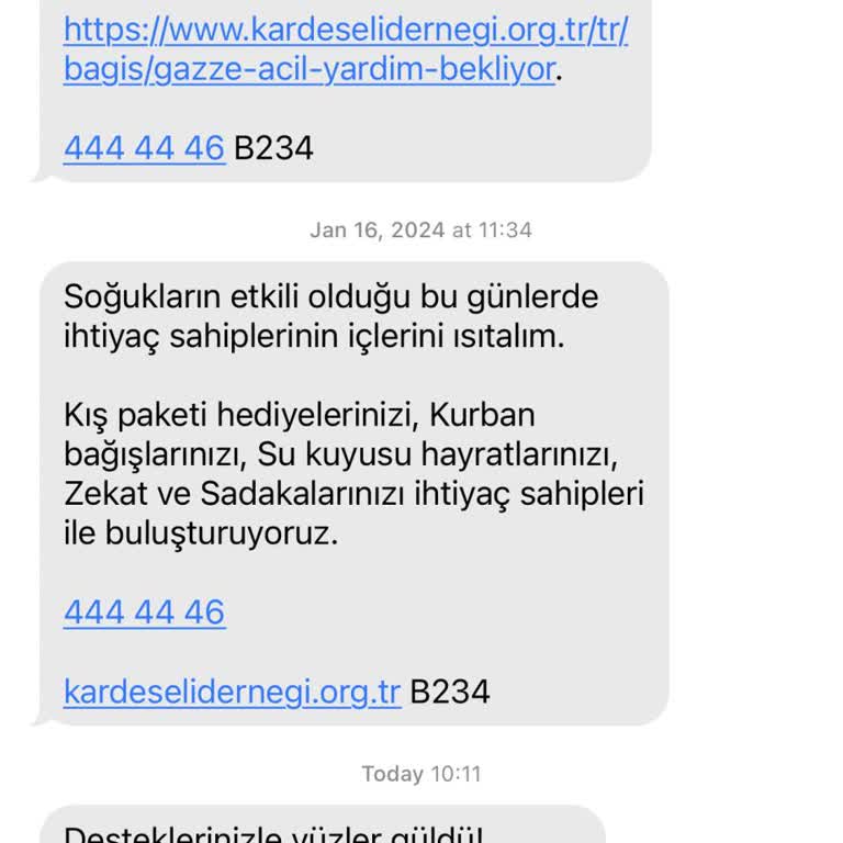 Kardeş Eli Derneği'nden Gelen Sürekli Mesajlar