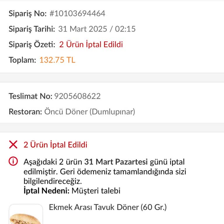 Geç Gelen Sipariş Ve Kötü Yemek Deneyimi