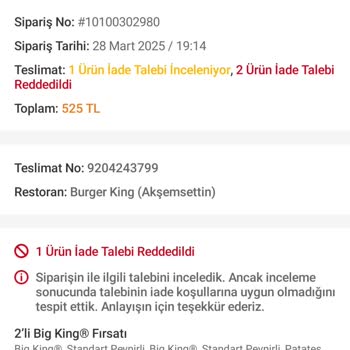 Burger King Siparişimden Kıl Çıktı, İade Talebim Reddediliyor