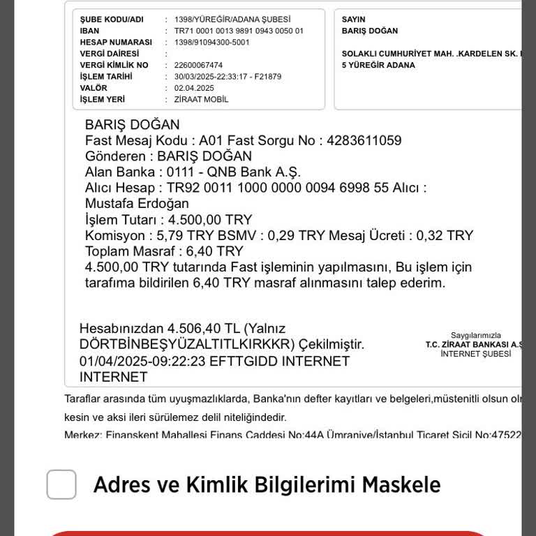 Ziraat Bankası'nda Bilgim Dışında Yapılan Para Transferi