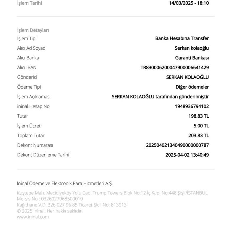 İninal'dan Garanti'ye Geçmeyen Para Transferi