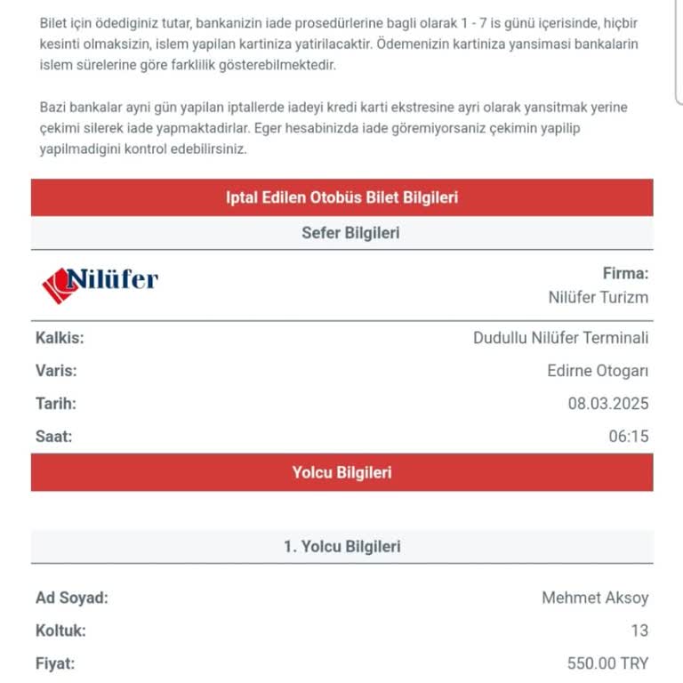 İptal Edilen Biletin İadesi Yapılmadı: Nilüfer Turizm İle İletişim Sorunu