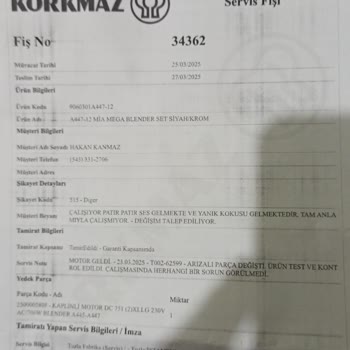 Korkmaz Blender Seti Değişim Talebi