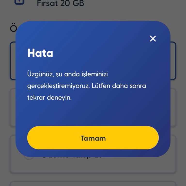 Mobil Uygulamada Ödeme Hatası: Fırsat 20 GB Paketi Yüklenemiyor