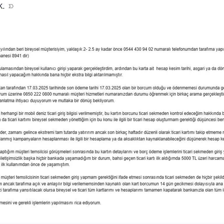 Denizbank Ticari Kartta İletişim Sorunları Ve Yanıltıcı Bilgilendirme