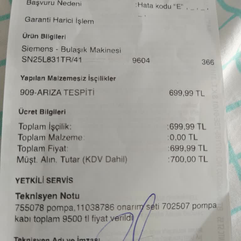 Siemens Bulaşık Makinesi: Gövde Su Kaçağı Ve Yüksek Servis Ücreti Sorunu