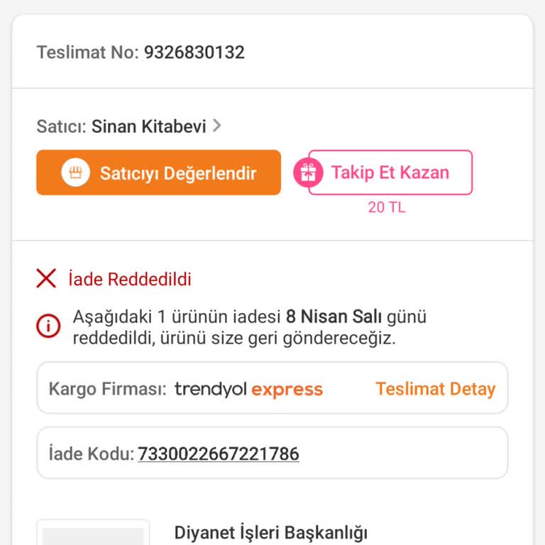 Trendyol Sinan Kitap Evi İade Talebi