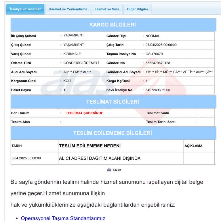 Aras Kargo Kırıkkale Şubesi Teslimat Sorunları Ve İletişim Eksiklikleri