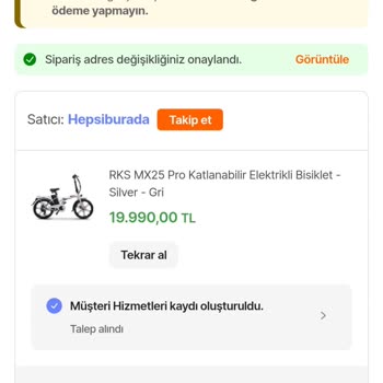 Hepsiburada'dan Aldığım Elektrikli Bisikletin Kargoya Verilmemesi Ve Fiyat Artışı