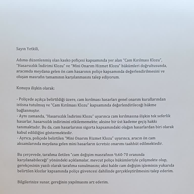 Türkiye Sigorta'dan Poliçe Hükümlerine Aykırı Cam Hasarı İşlemi