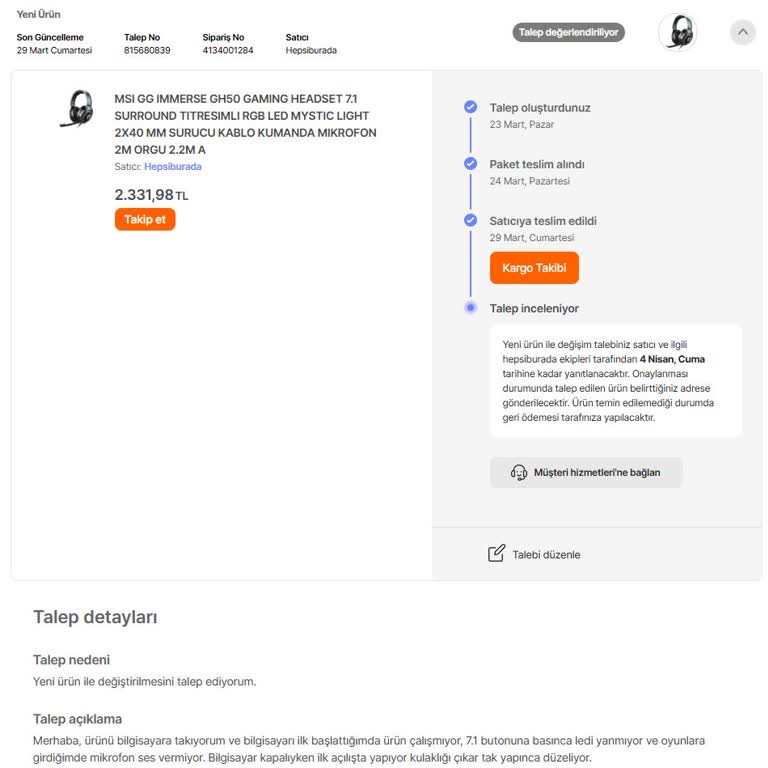 Hepsiburada'da Kulaklık Değişim Sürecinde Yaşanan Sorunlar