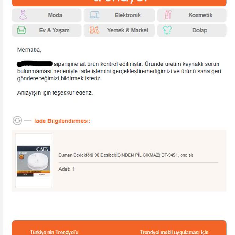 Trendyol'dan Alınan Duman Dedektörleri Sorunu Ve İade Engeli