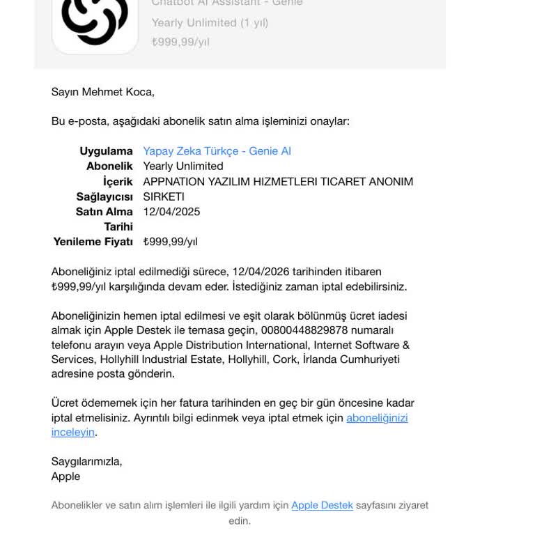 Yapay Zeka Türkçe Genie Uygulamasında Beklenmedik Ücret Kesintisi