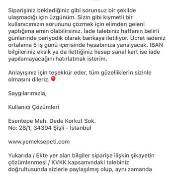 Yemeksepeti'nden İade Edilmeyen Ücret Ve Kayıp İletişim