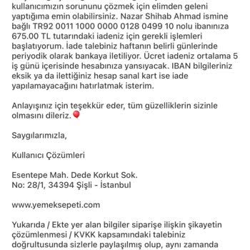 Yemeksepeti'nden İade Edilmeyen Ücret Ve Kayıp İletişim