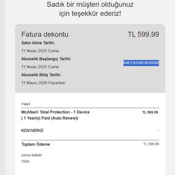 McAfee Üyelik Yenileme Sorunu Ve İade Talebi