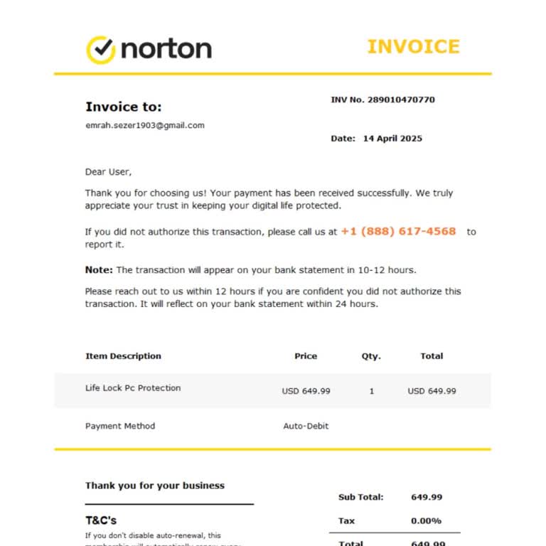 Sahte Fatura Mağduriyeti: Norton Antivirüs