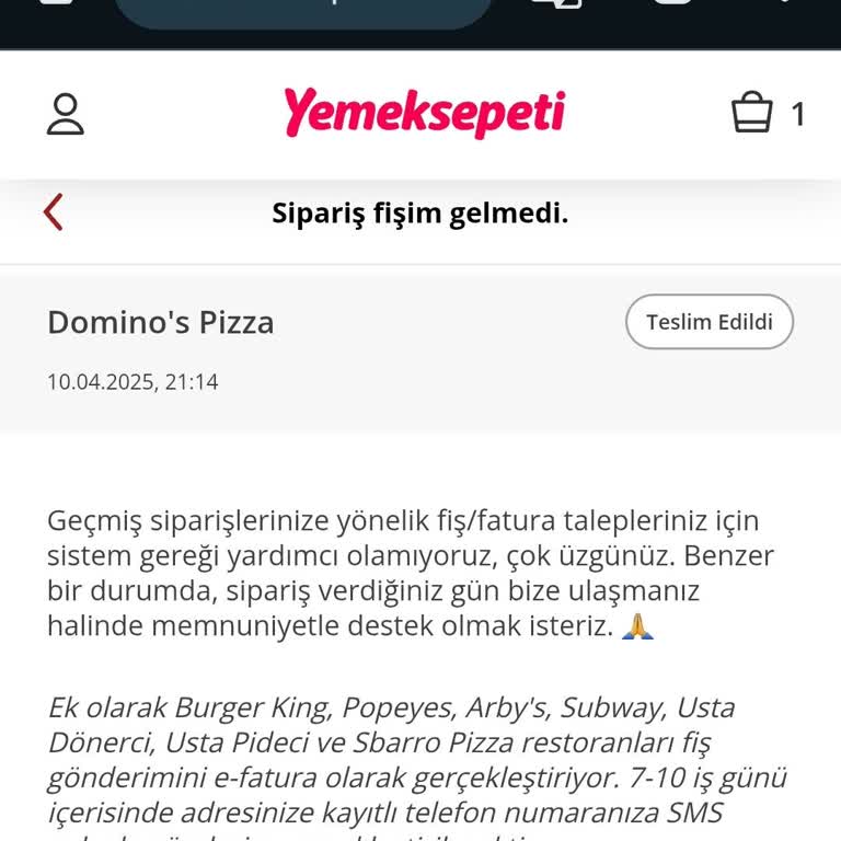 Faturamı Göndermeyen Domino's Şubesi