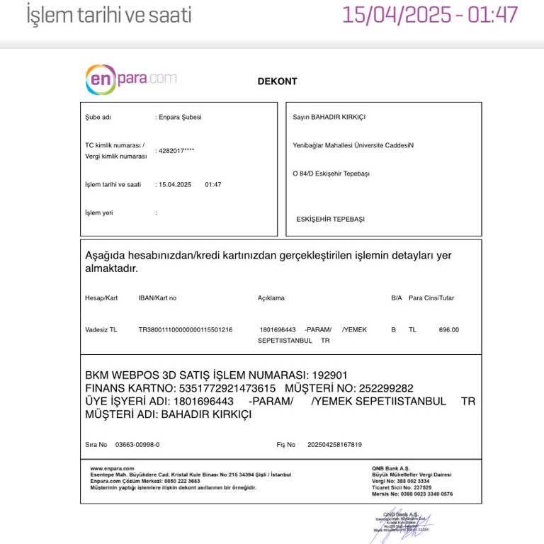 Yemeksepeti Üzerinden Bilgim Dışında Yapılan Harcama