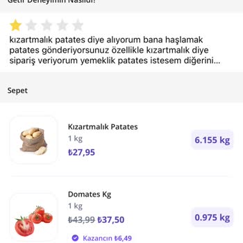 Getir Büyük'ten Yanlış Patates Gönderimi Ve İletişim Sorunu